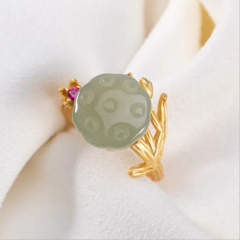 

New inlaid natural Hetian jade lotus peng rings for women simple fashion crystal design classic Ancient gold crafts jewelry