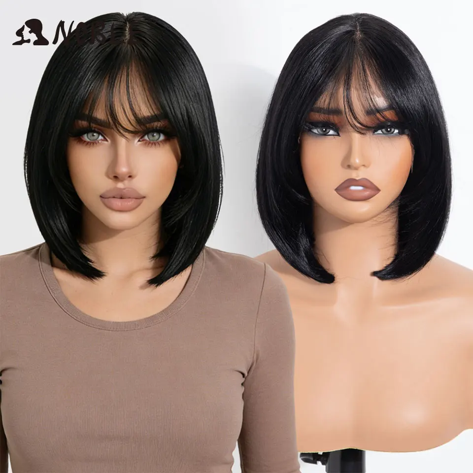 NOBLE 10 Inch T Part Lace Bob Wig With Air Bangs Synthetic Lace Front Wig Black Straight Hair Heat Resistant For Women Hairstyle