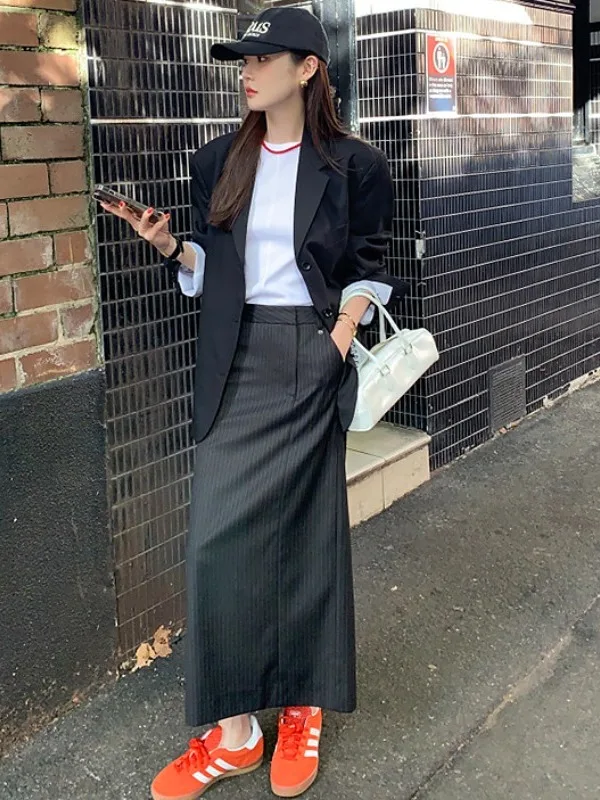 

Ele Retro Striped Suit Skirt Women's Mid-Length Casual Versatile Spring Summer Trendy Commute Sle All-Match Skirt