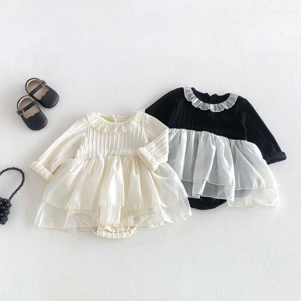 Princess Baby Girl Dress Romper 0-2Years Cute Newborn Long Sleeve Lace Collar Layered Skirted Bodysuit Birthday Party Clothes