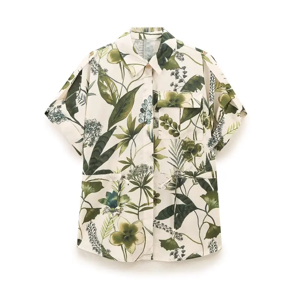 Maxdutti French Countryside Style Floral Print Shirt Women Tropical Rainforest Print Short Sleeved Shirt Blouse Top