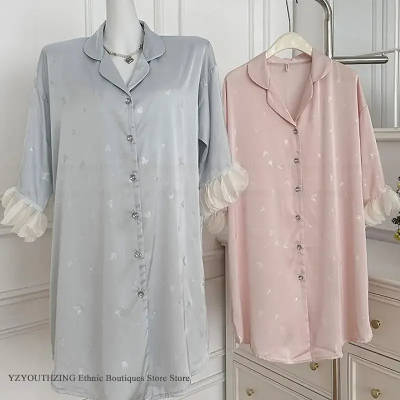 Summer New Female Sleepdress Home Dress Sexy Short Sleeve Nightgown Sleepshirt Loose Silk Satin Bronzing Nightdress Lounge Wear 2