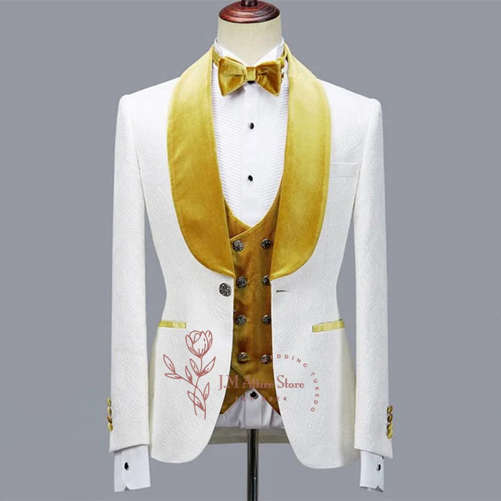 Men Wedding Suit 3 PCS Set White Jacquard Velvet Shawl Lapel Balzer Vest Pants Elegant Custom Attire for Engage Prom Ball Party