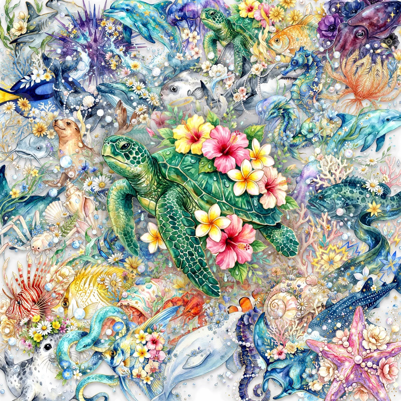 50-Pack Ocean Animal Watercolor Flower Stickers Waterproof PET Transparent Decals for Phone Case Guitar Notebook