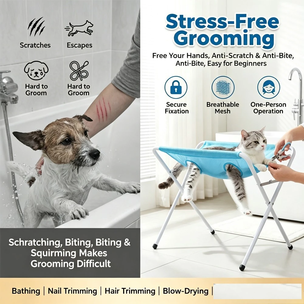 Pet Grooming Hammock Stand Foldable Pet Bathing Table Anti‑Scratch for Cat Dog Nail Trimming Hair Drying Medicine Feeding