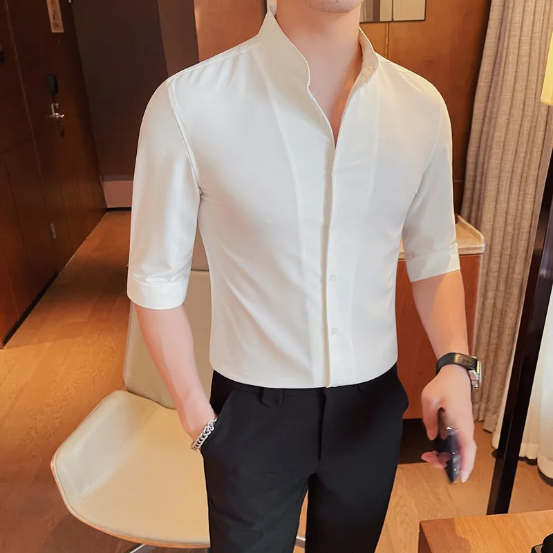 Stand Collar Men Shirt Chemise Slim Fit Homme 5XL Plus Size Half Sleeve White Shirts Vintage Male Dress Blouse Summer New 2024