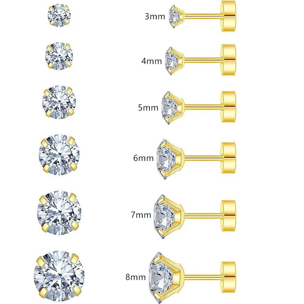 Серьги из хирургической нержавеющей стали с покрытием из 18-каратного золота, 1 или 6 шт., для женщин, мужчин, девочек, 3-8 мм, 5 А, с фианитами
