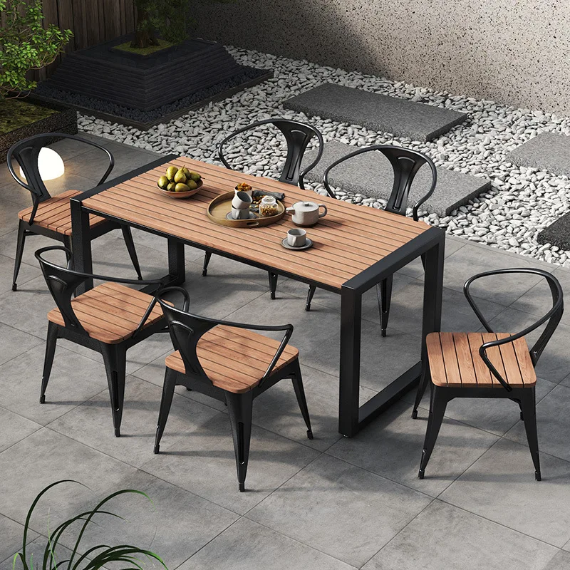 Durable Metal Frame Outdoor Dining Set With Plastic Wood Table and Chairs for Garden, Patio Outdoor Garden Table Chair