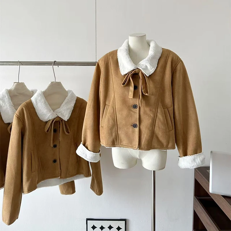 

Женская винтажная укороченная куртка на пуговицах с бантом и меховым воротником в стиле пэчворк, свободные повседневные короткие пальто в американском стиле ретро, универсальная мешковатая верхняя одежда в консервативном стиле