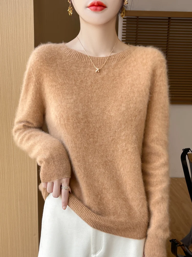 

Новый женский свитер из 100% мериносовой шерсти с круглым вырезом, весна-осень-зима, с длинным рукавом, повседневный пуловер, кашемировый трикотаж, корейская мода, топы