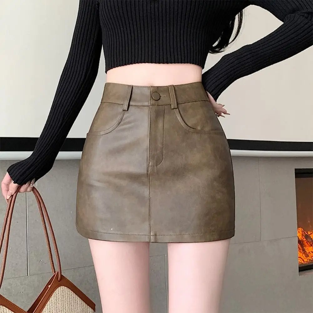 

Fashion Zipper PU Leather Skirt Slim Fit Retro High Waist A-line Skirt Autumn Winter Solid Color Skirt with Safety Pants Summer