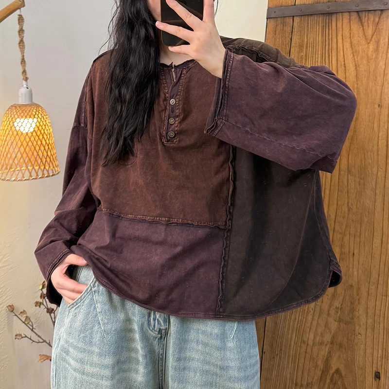 

Oversized Women Long Sleeve Casual T-shirts New 2025 Autumn Vintage Style Patchwork Color Loose Female Cotton Tops Tees T674