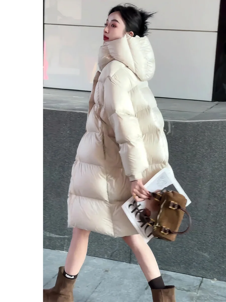 

Ladies Thiened Medium Length down Jaet Hooded Khaki Winter Warm Cozy Du Feather Puffer Coat Casual Loose Fit Zipper