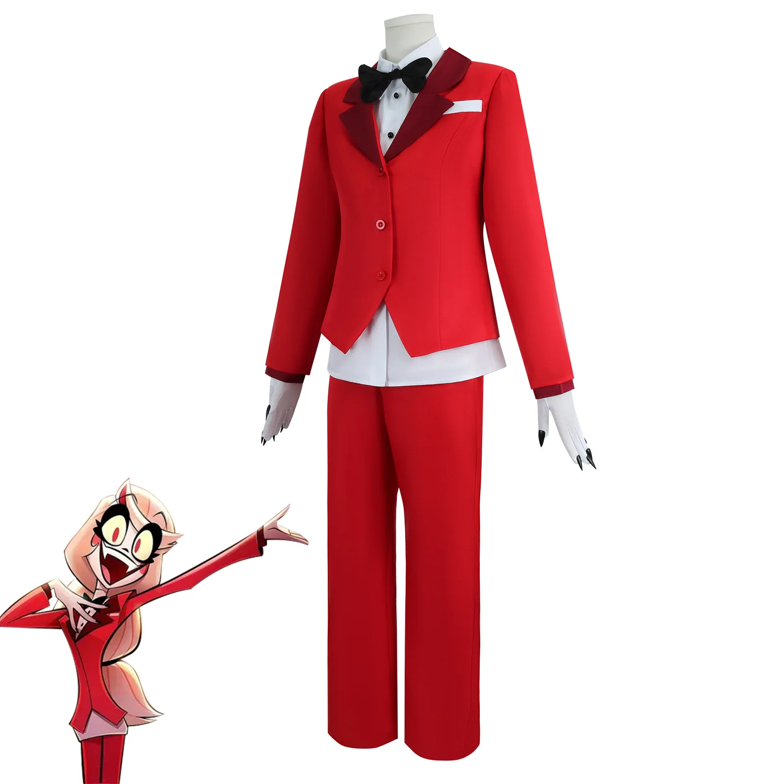 Anime Charlie Cosplay Costume Women Men Red Uniform with Bow Tie Halloween Carnival Party Outfit Charlie Morningstar Cosplay Wig