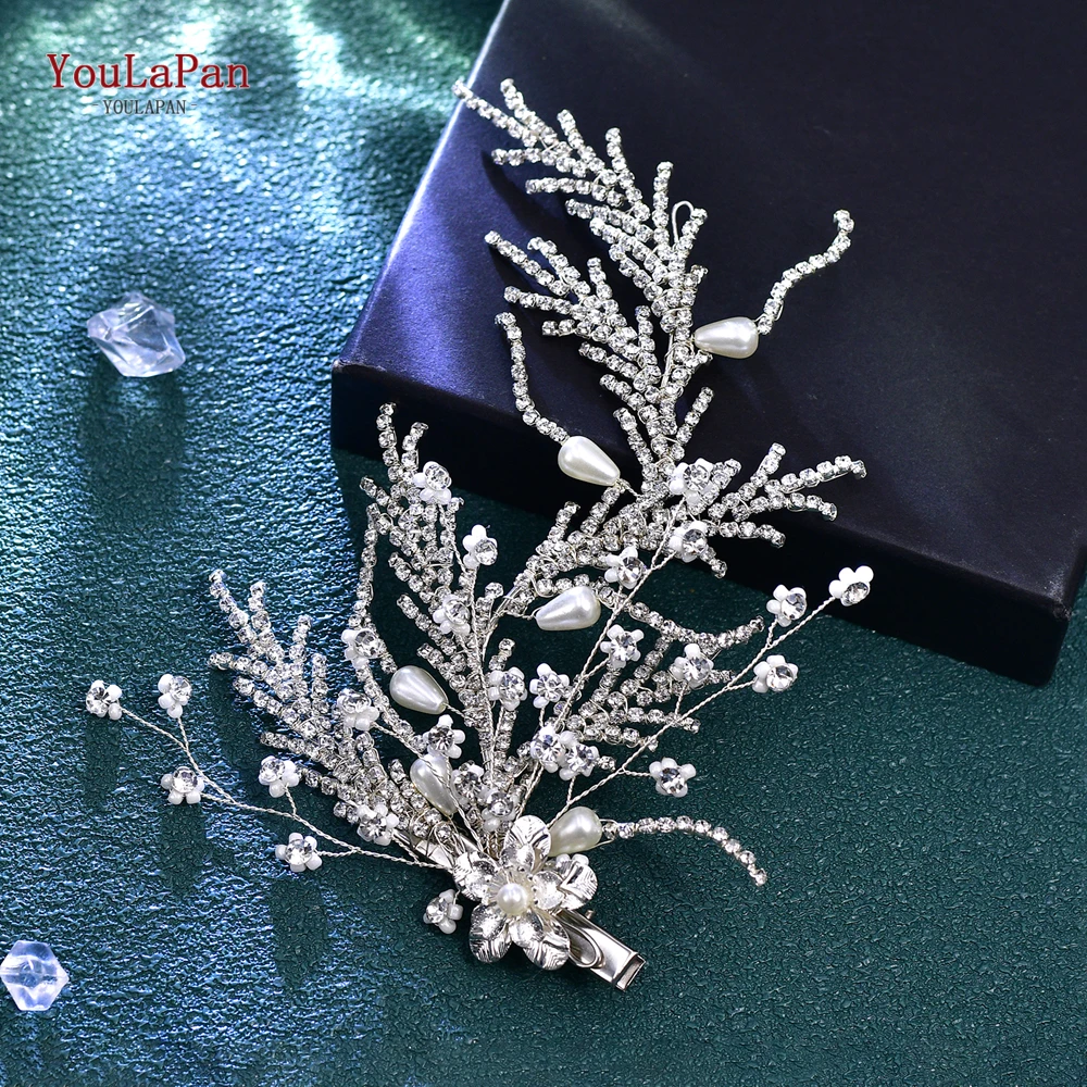 YouLaPan-Diadema con cadena de diamantes de imitación para novia, pasador de pelo con perlas, tocado de boda de Color plateado, accesorios de peinado de maquillaje, HP728