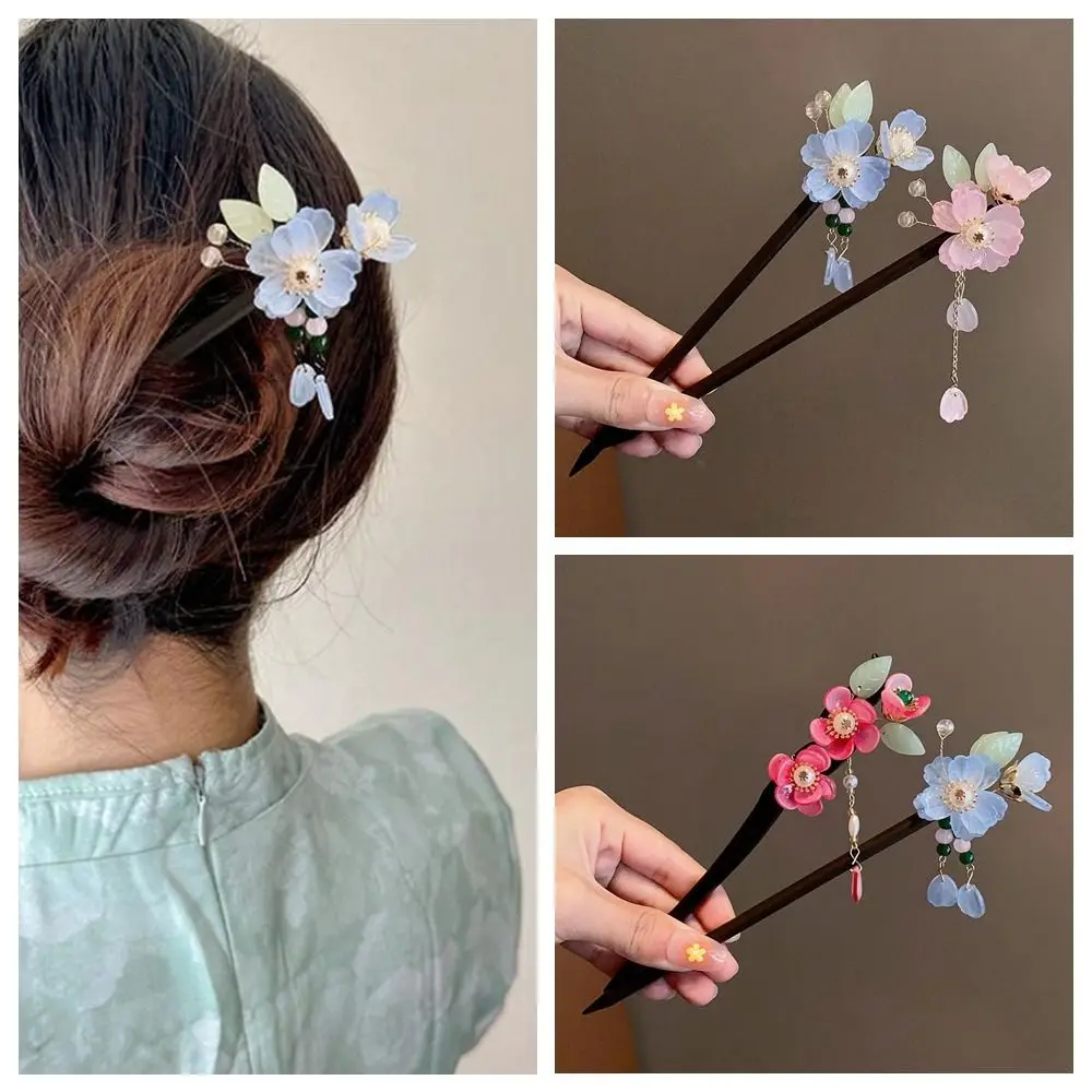 

Vintage Winding Flower Hairpin Handmade Classical Hanfu Headwear Flower Pearl Tassel Chinese Style Wooden Hair Stick Women