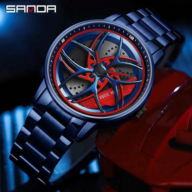 SANDA P1091 2023 Real 3D Model Spinning Car Wheel Hub Watch Luxury Move Waterproof Super Rim Watches For Men Orologio da uomo