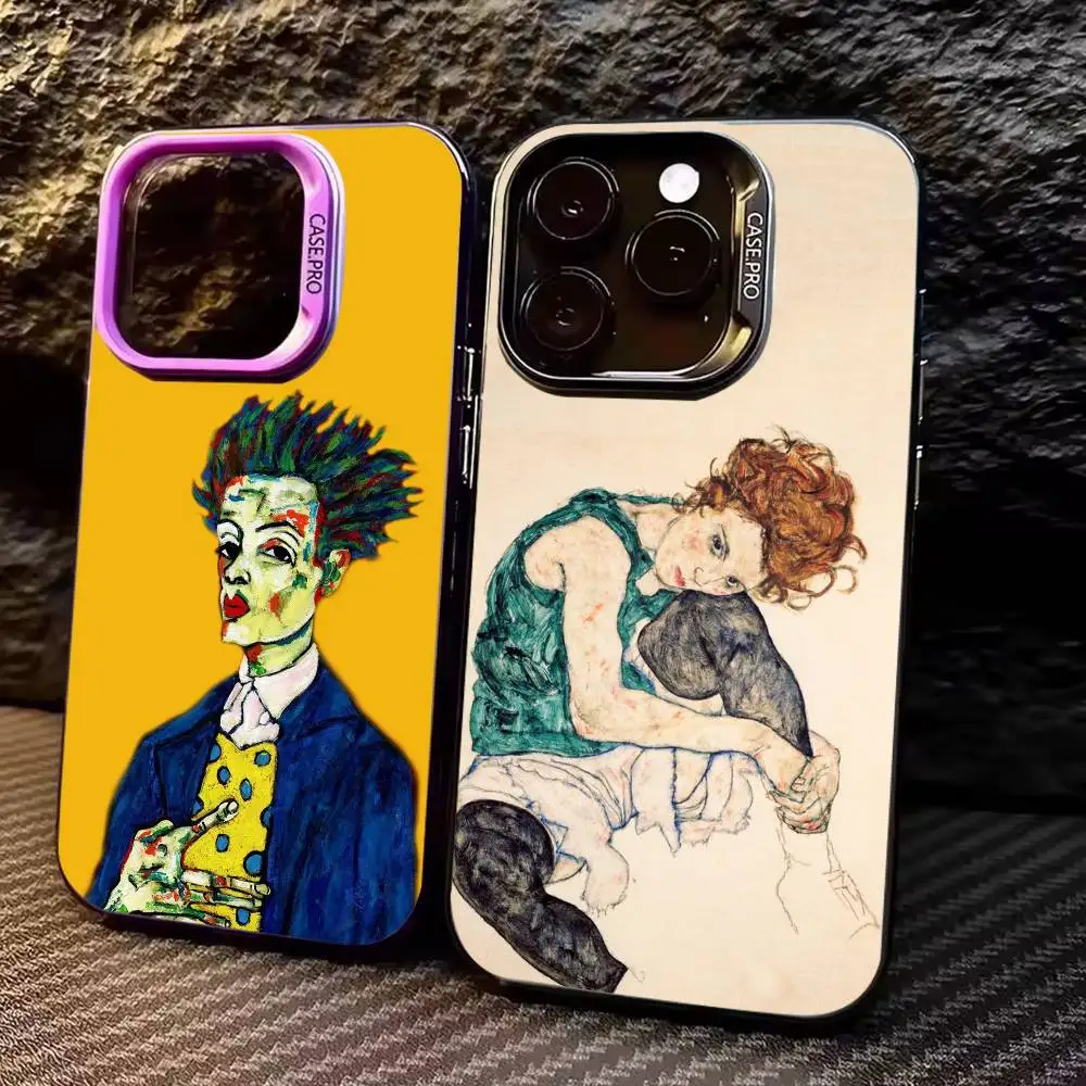 

P-Painter E-Egon S-Schiele Phone Case For iPhone17,16,15,14,13,12,11 Plus,Pro Max Colored Silver Plated Inside Cover