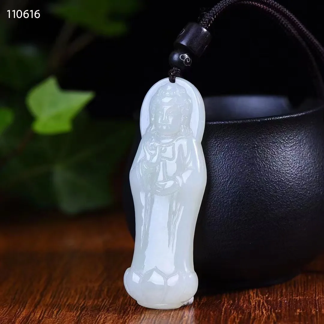 

Natural 100% real white hetian jade carve Guanyin Bless peace pendant jewellery Handle piece for men woman gifts good luck