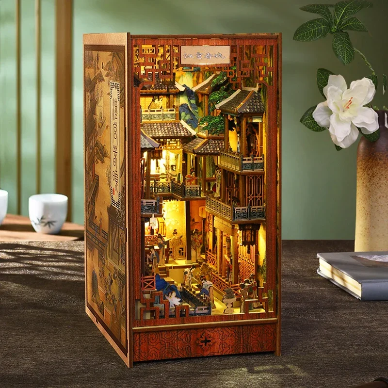 DIY Wooden Book Nook Kit 3D Miniature Han Palace Diorama Bookend with Motion Sensor LED Light Bookshelf Decor Gift