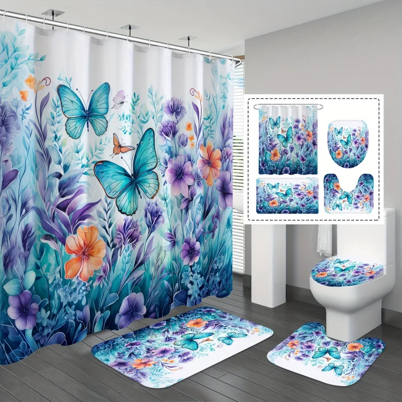 1/4 pcs Blue Butterfly Shower Curtain Set, Blue Purple Flower Shower Curtain with 12 Hooks, Non-slip Bathroom Mat, Toilet