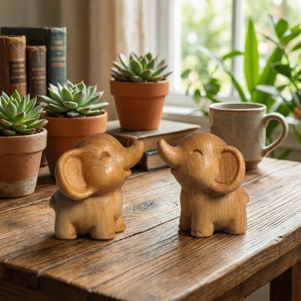 Intricately Carved Hand-Carved Elephant Mini Cute Elephant Figurines Solid Wood Decorative Adorable Tabletop Ornament