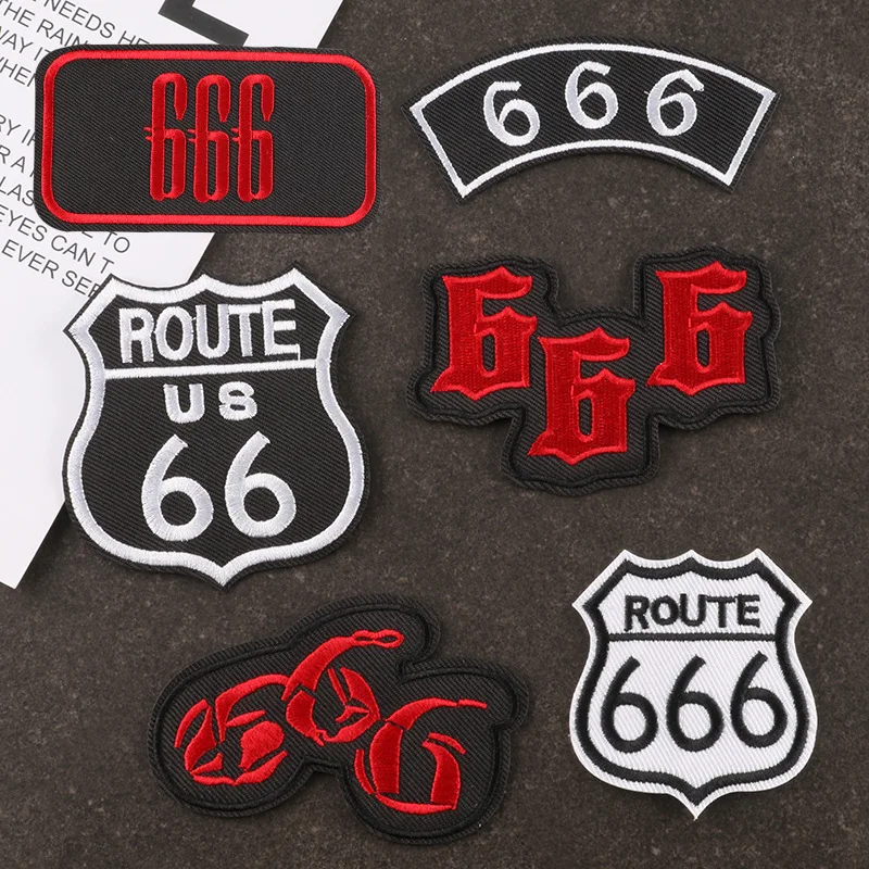 Mark of The Beast Embroidered Emblem US Route 66 Iron-on Badge Red Numbers 666 Cloth Patches for Coat Cap DIY Thermal Appliques