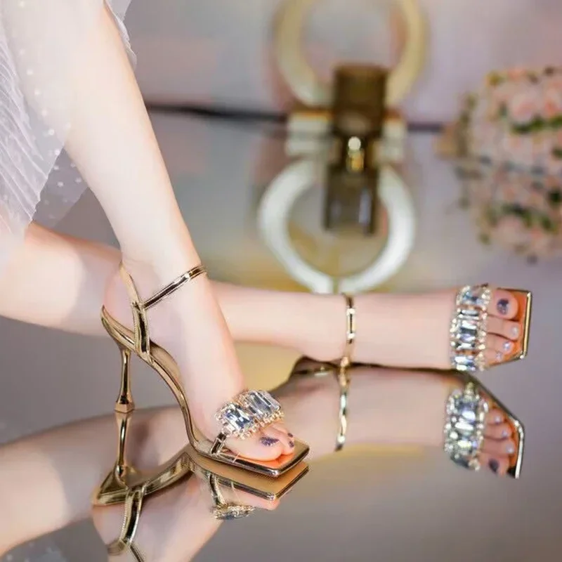 Gold Silver High Heels Sandals Women 2025 Summer Square Toe Shiny Crystal Sandals Woman Ankle Straps Thin Heel Party Pumps Shoes