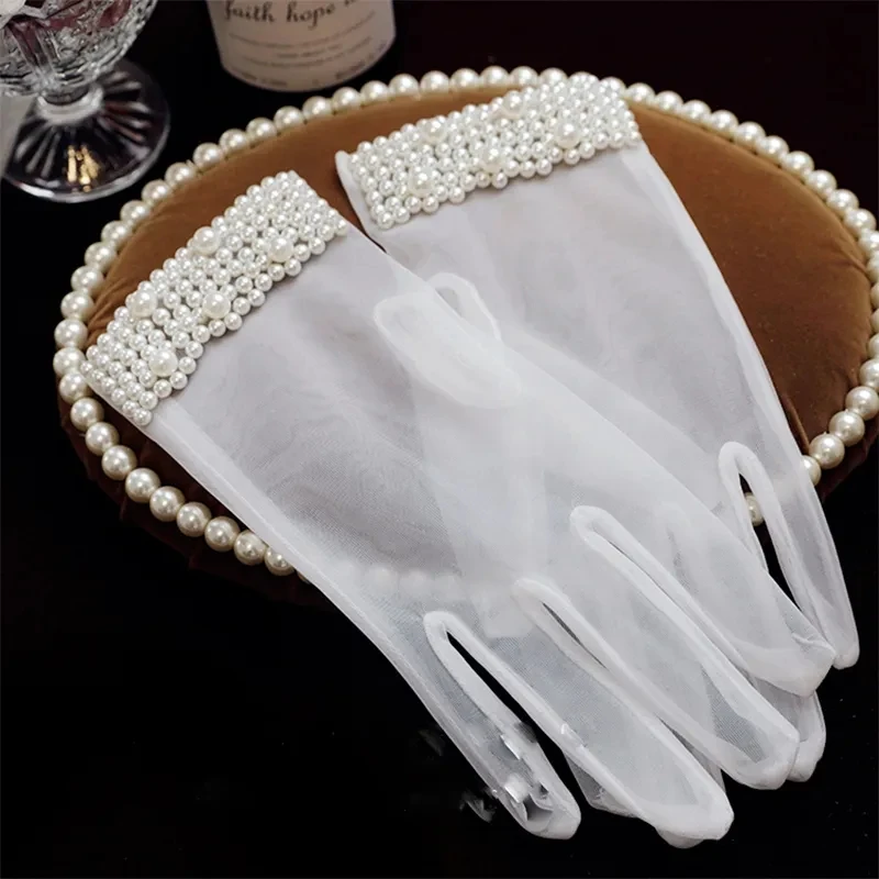 Bride Mesh Thin Short Pearl Imitation Gloves