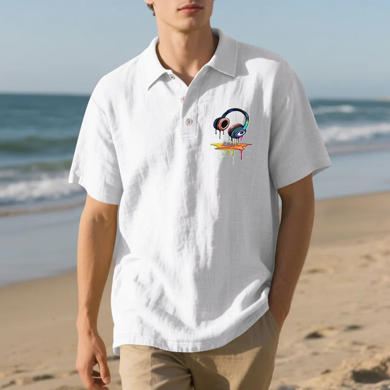 Men White Wrinkle Linen Texture Polo Shirt Chest Rainbow Drip Headphones Eye Graphic Print Short Sleeve 3 Buttons Lapel Collar Lightweight Breathable Beach Vacation Music Casual Top
