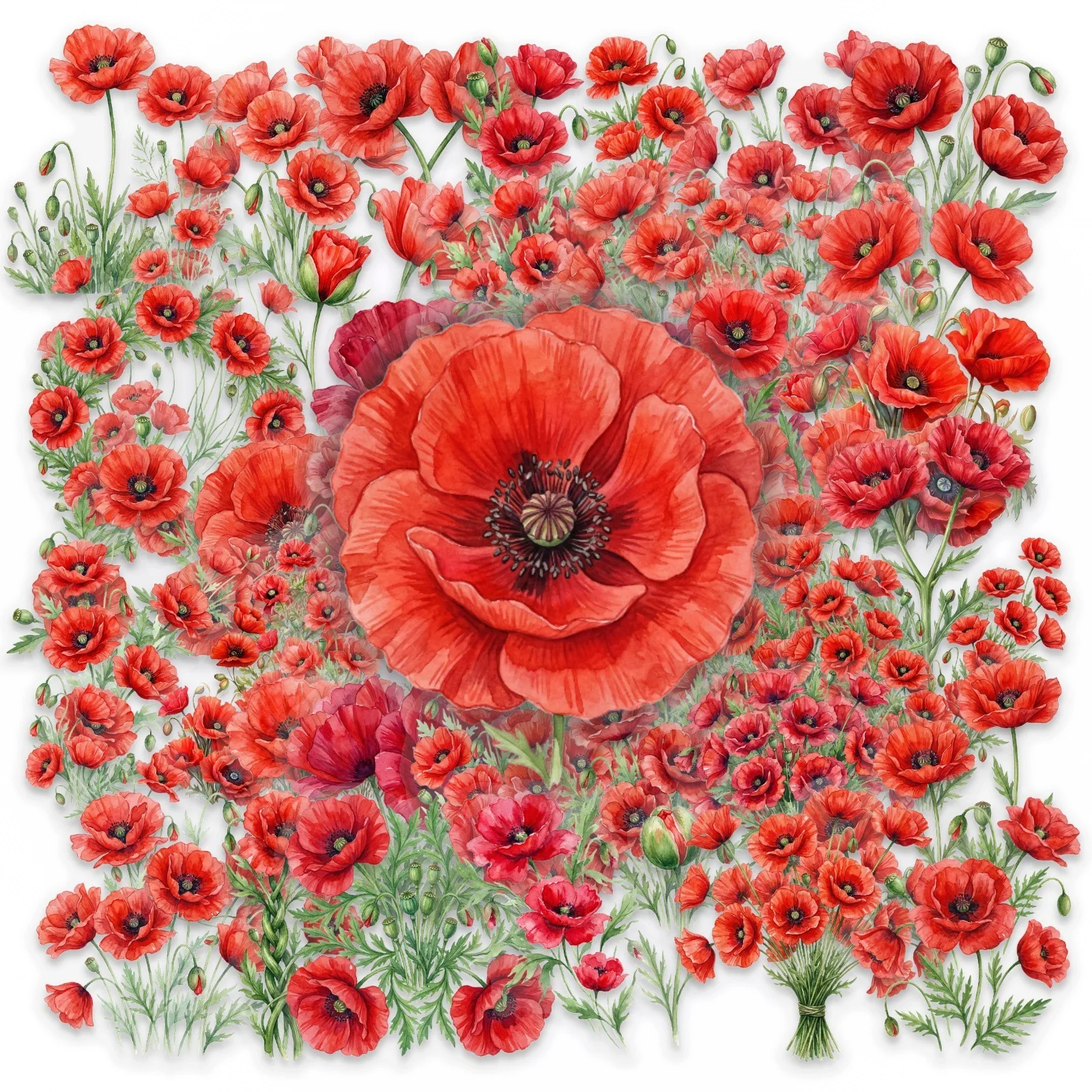 50 autocollants de fleurs de coquelicot rouges brillants, transparents en PET, imperméables, pour journal, ordinateur portable, téléphone