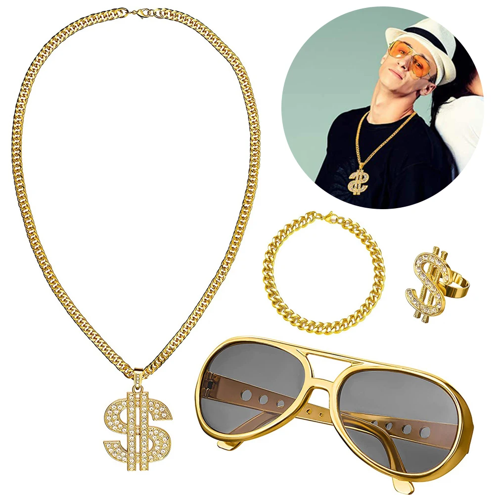 

80s 90s Costume Outfit Set Dollar Ring Hat Necklace Sunglasses Hip Hop Costume Kit Rapper Accessories for Men Women Retro Party