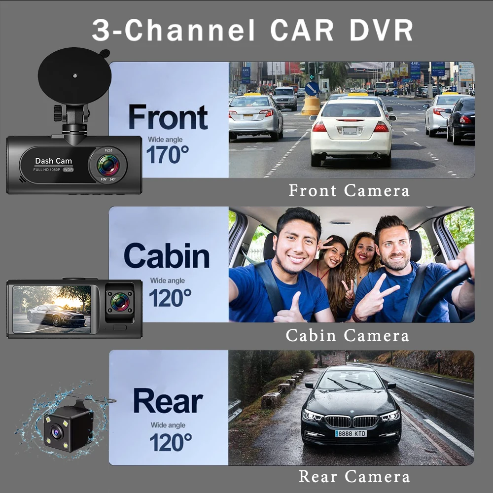 WIFI 3 Channel Dash Cam for Car 1080P Video Recorder 3/2Lens Dashcam Car DVR Front and Rear View Camera Black Box Car Accessory