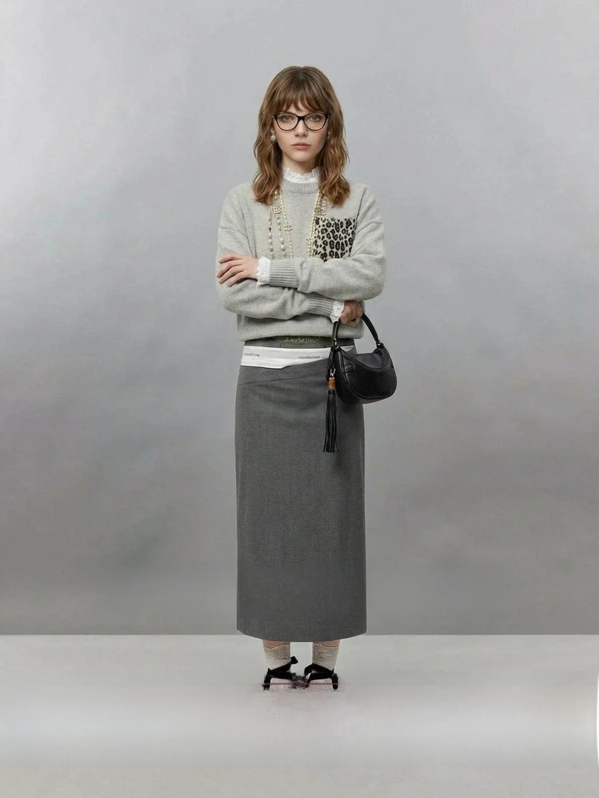 

Свободный вязаный свитер светло-серого цвета с круглым вырезом для женщин, новая осенняя коллекция U×LAB Cleanfit, свободный крой, топ с цветовыми блоками