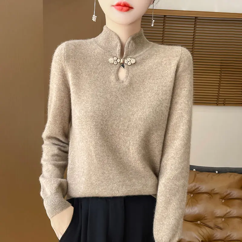 

New Chinese Style Button-Up Retro Sweater Collar Universal Knitted Wool Sweater for Women