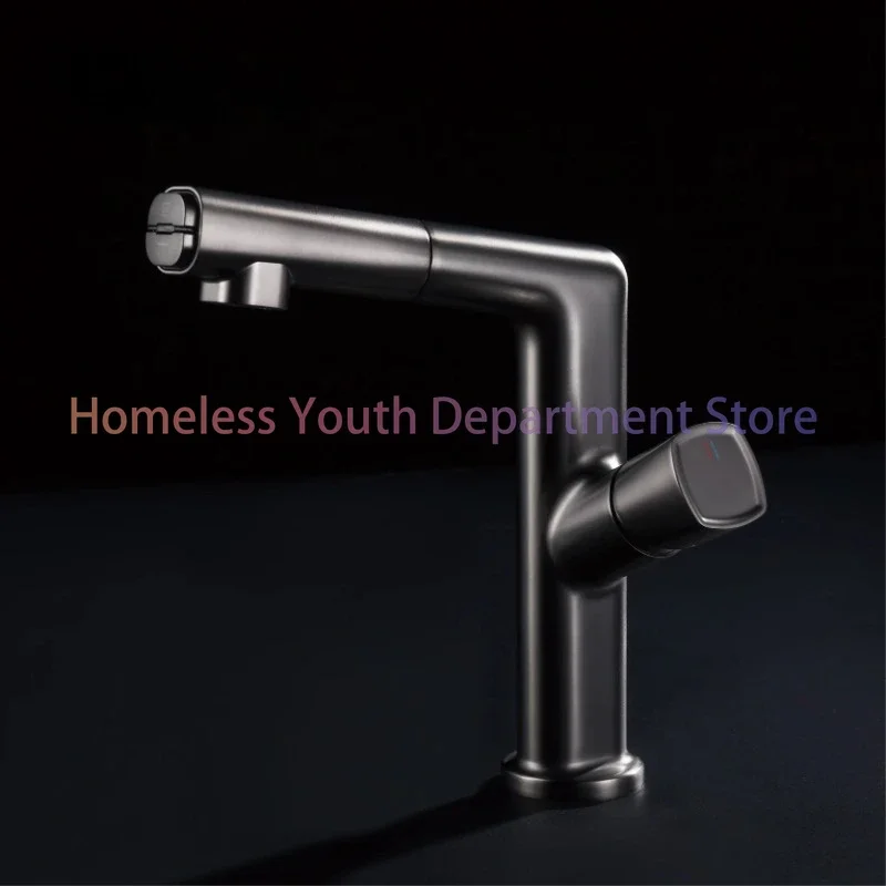 Modern gun gray bathroom faucet pull-out design single handle cold and hot dual control 2-function basin faucet