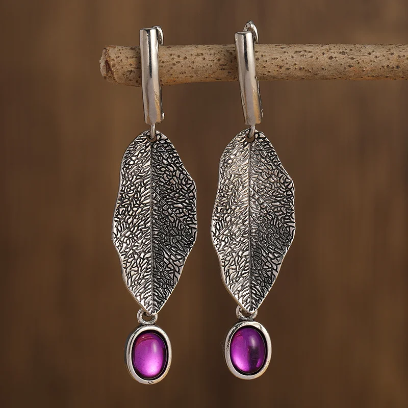 Wholesale Amethyst Drop Earrings for Women Vintage Ethnic Style Ear Jewelry 925 Silver Needle Earrings Gift