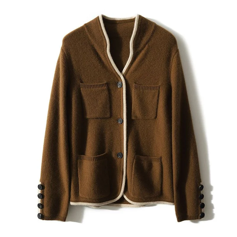 Brown Sweater Coat Women Loose Spring Autumn Knitting Jacket Outwear 2024 New Knitwear Cardigan Female Pocket Sweaters Top