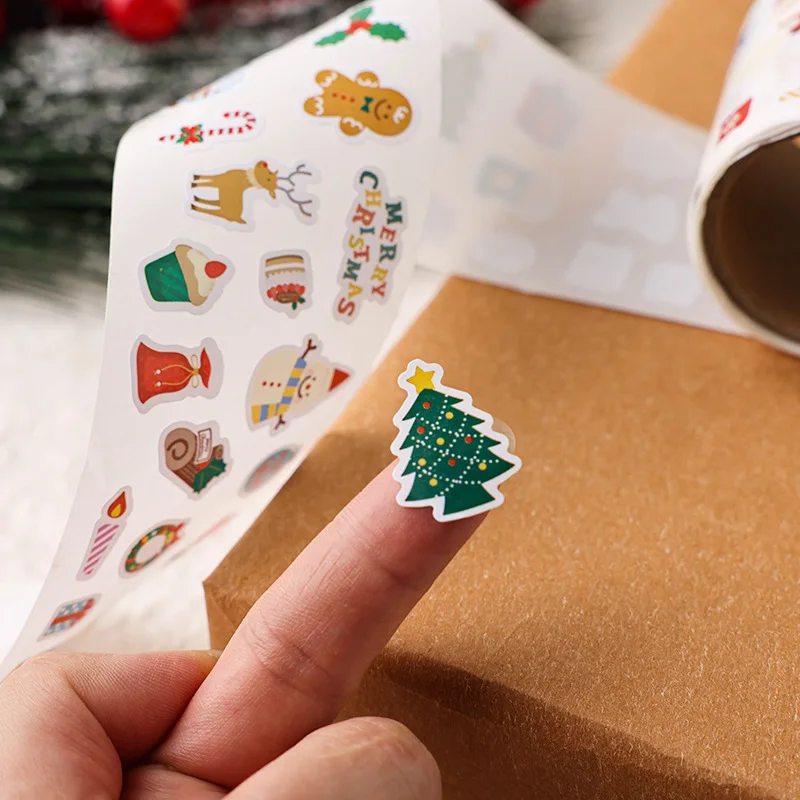 300PCS New Christmas Stickers Roll Small Children Stickers Cute Kawaii Cartoon Packaging Stickers Photocard Decor Lables for Kid