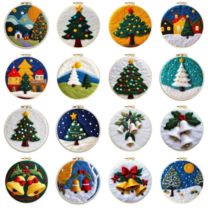 RUOPOTY Wool Felting Kit Christmas Bell Tree Embroidery Frame Handmade Knitting Wool Colors Diy Craft Supplies Punch Needle Kits