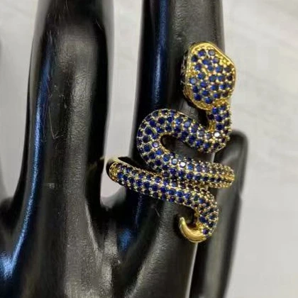 Luxury Gold Tone Coiled Snake Ring with Pave Blue Crystals Bold Serpent Statement Jewelry for Women Party & Everyday Fashion