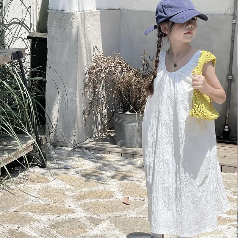 Baby Girls\' French V-neck Design Loose Sleeveless Dress Summer Backless Long Dress Kids Solid Color White Temperament Clothes