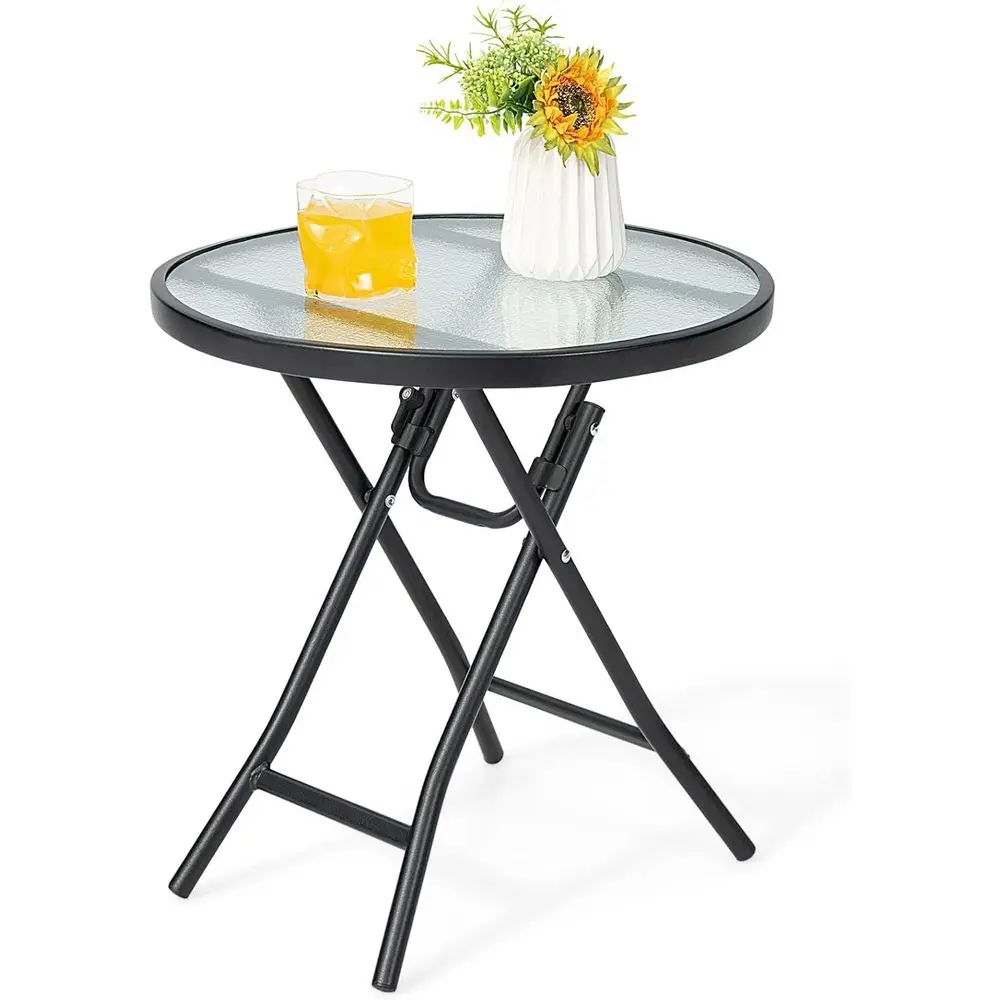 Side Table, Round Small Patio Table, Tempered Glass Tabletop, Steel, Weather-Resistant Outdoor Indoor Use or Bistro Porch Garden