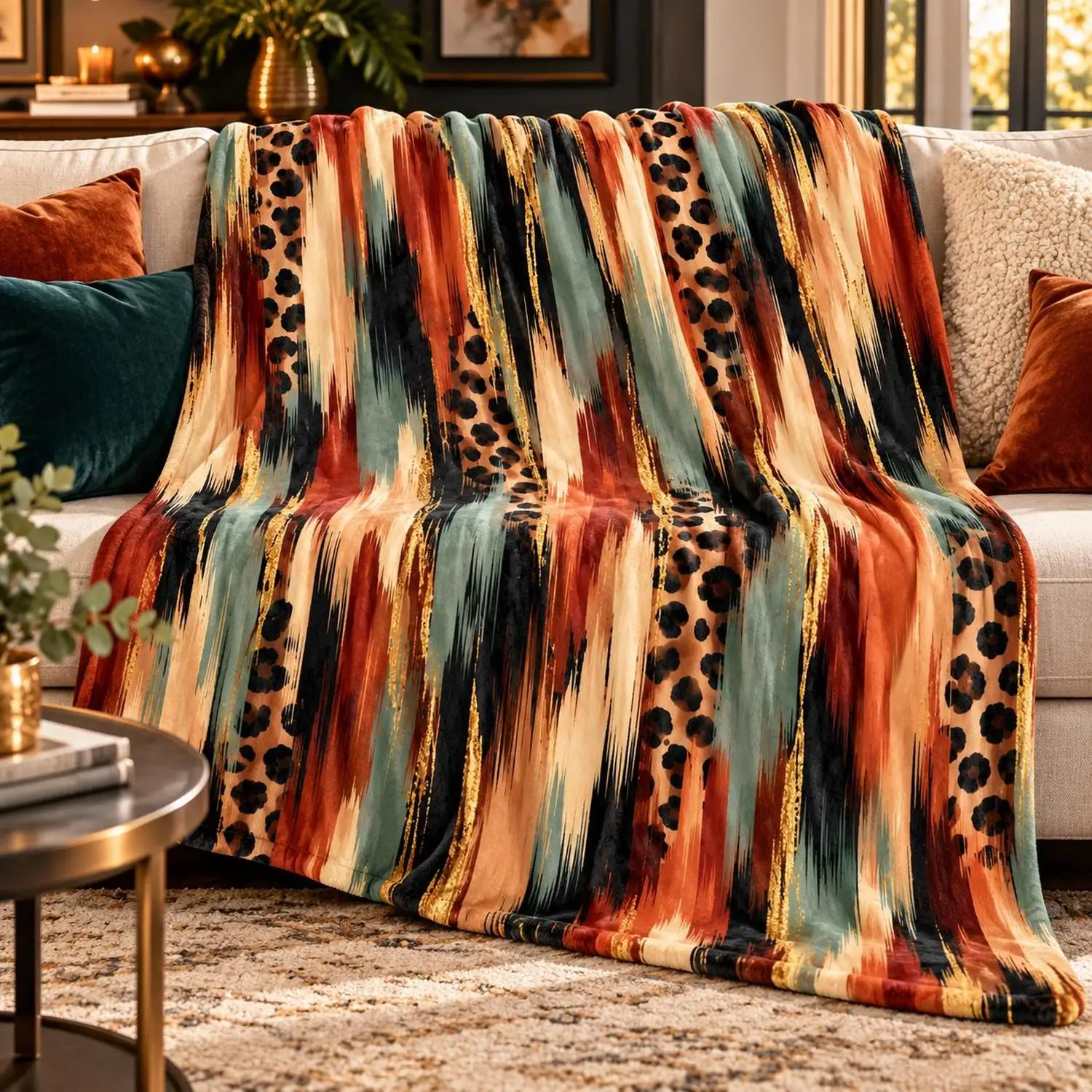 [Flannel Blanket] Abstract Leopard Print Blanket, Blue-Green Terracotta Brushstroke Blanket, Modern Animal Print Blanket, Extreme Minimalism Home Decor