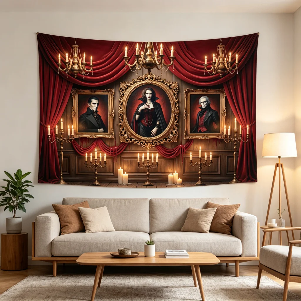 1PC Halloween Vampire Portrait Horror Print Backdrop Banner, Bedroom Living Room Kitchen Photo Background, Wall Art, Polyester