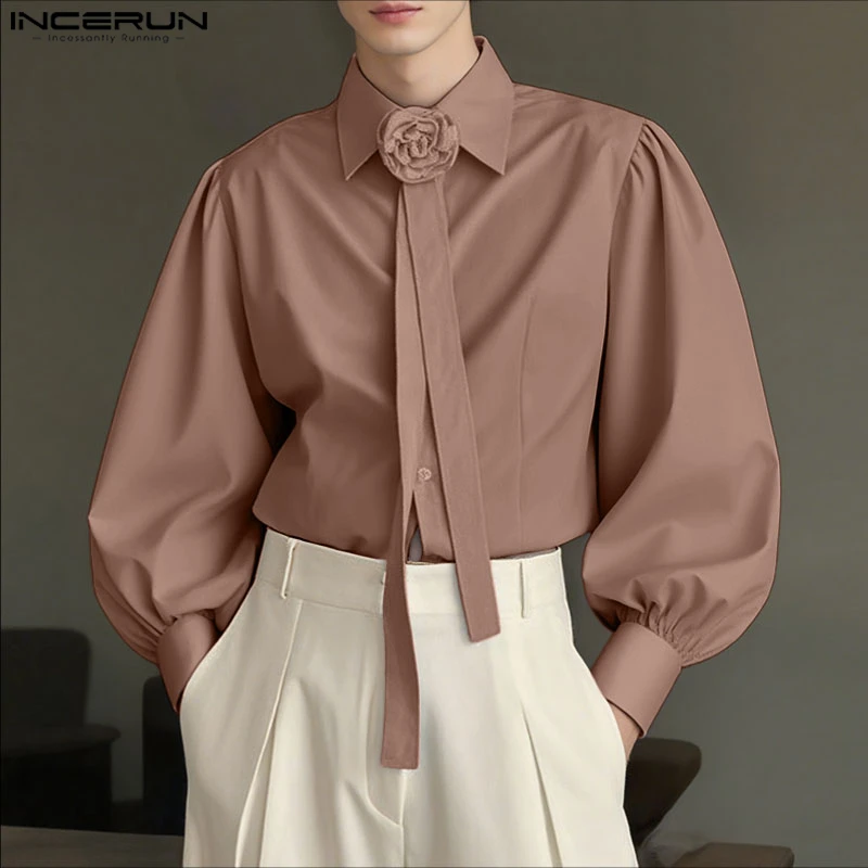 

INCERUN Мужская рубашка с цветочным принтом, однотонная повседневная мужская одежда с лацканами и длинными рукавами, свободная модная уличная одежда в корейском стиле, мужские рубашки