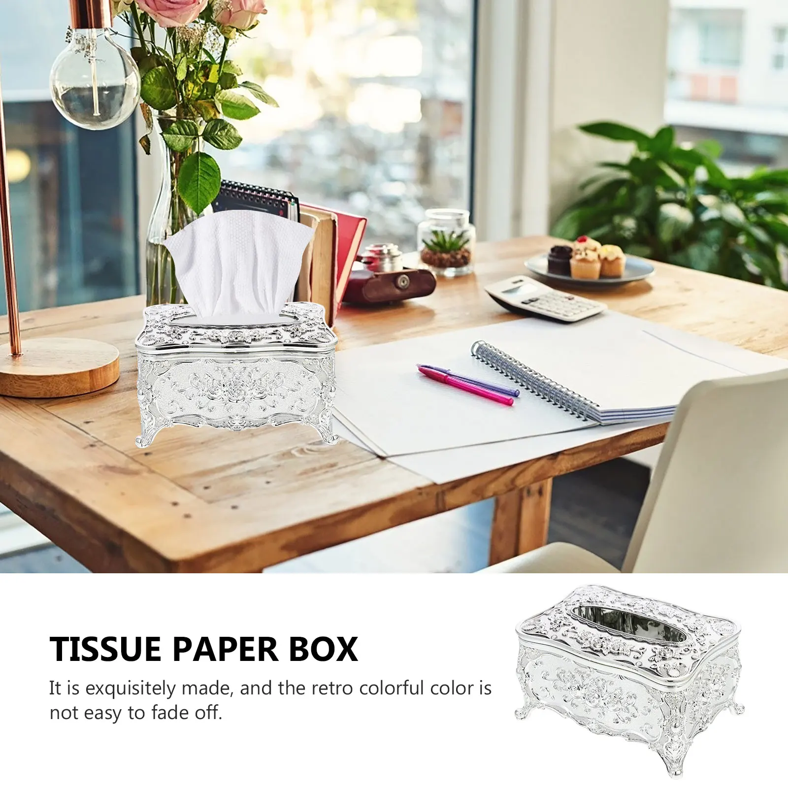 

Gold-Plated Tissue Box European Style Compact Desktop Holder Silver Retro Decorative Container for Home Office Bedroom