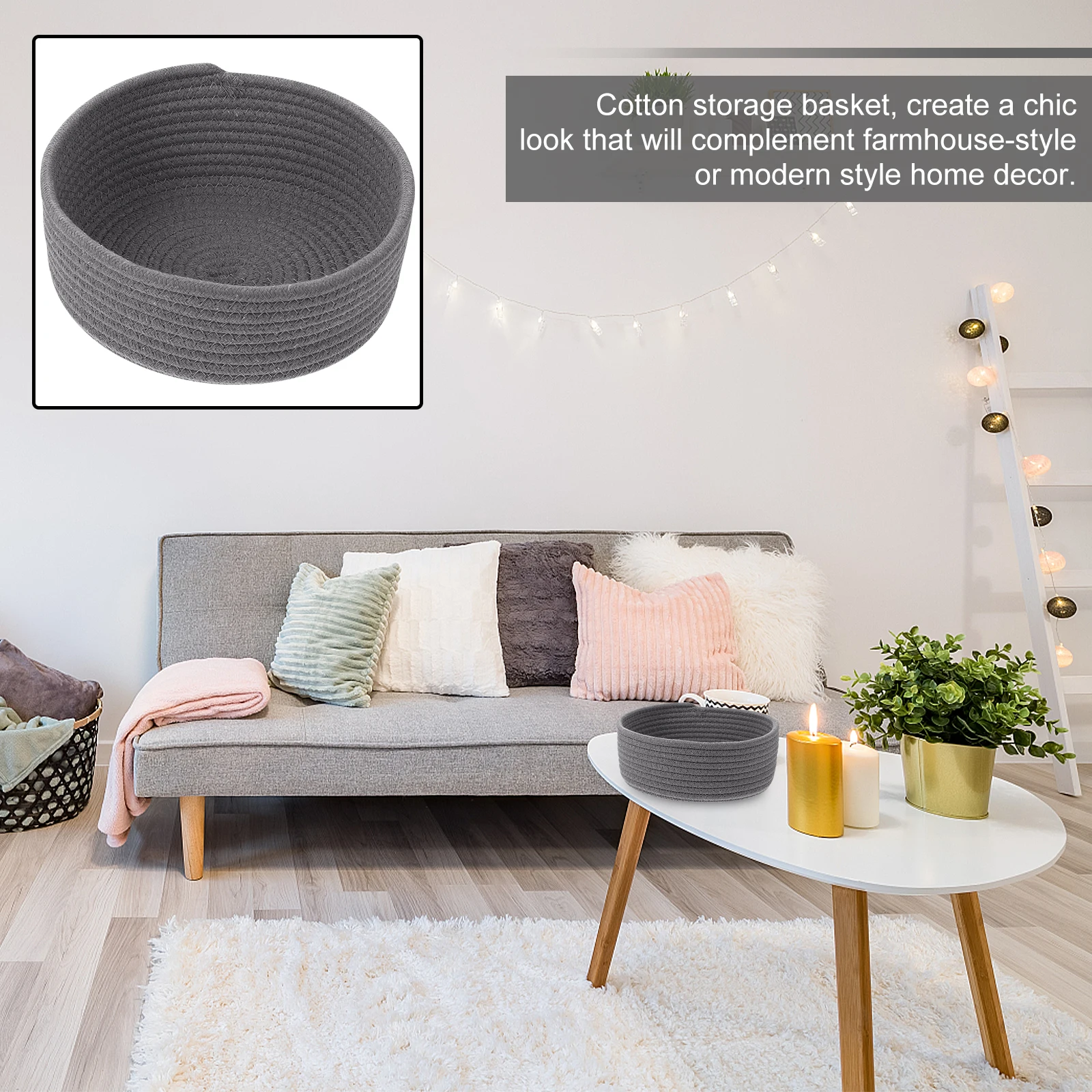 

Cotton Rope Storage Basket Sturdy Woven Desktop Sundries Organizer Decorative Basket for Household Storage Makeup Organizer