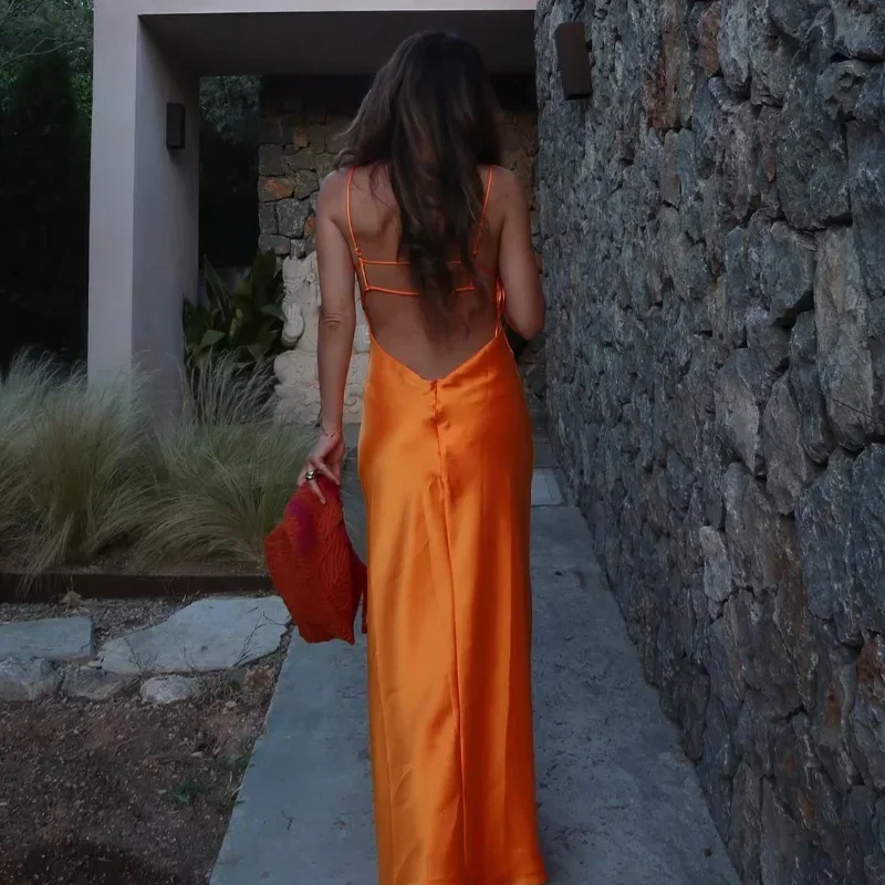 Women Solid Satin Sling Long Dress Casual Backless Sleeveless V-neck Pleated Gowns 2026 Summer Vacation Evening Party Robes