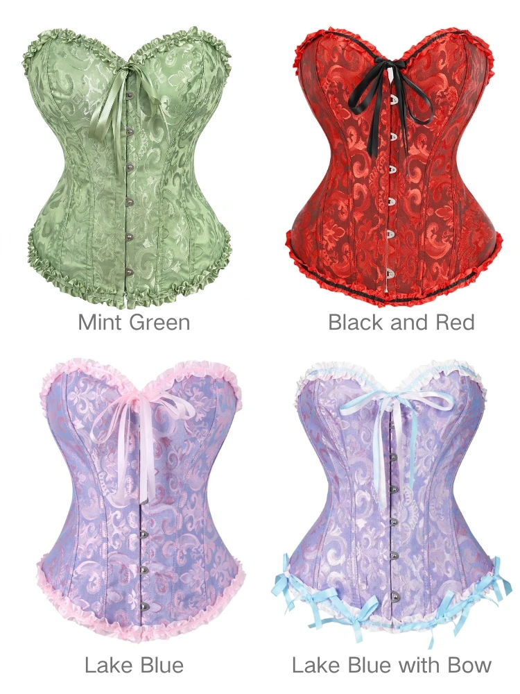 Gotisches Jacquard-Korsett-Oberteil mit Rüschenkragen, Stahlbügel vorne, verstärkt, Damen, Vintage, Halloween, Cosplay-Kostüm, 28 Farben – Detail 7
